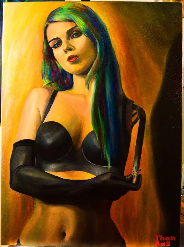 Woman with rainbow-streaked hair in a black bra and long gloves against an amber background