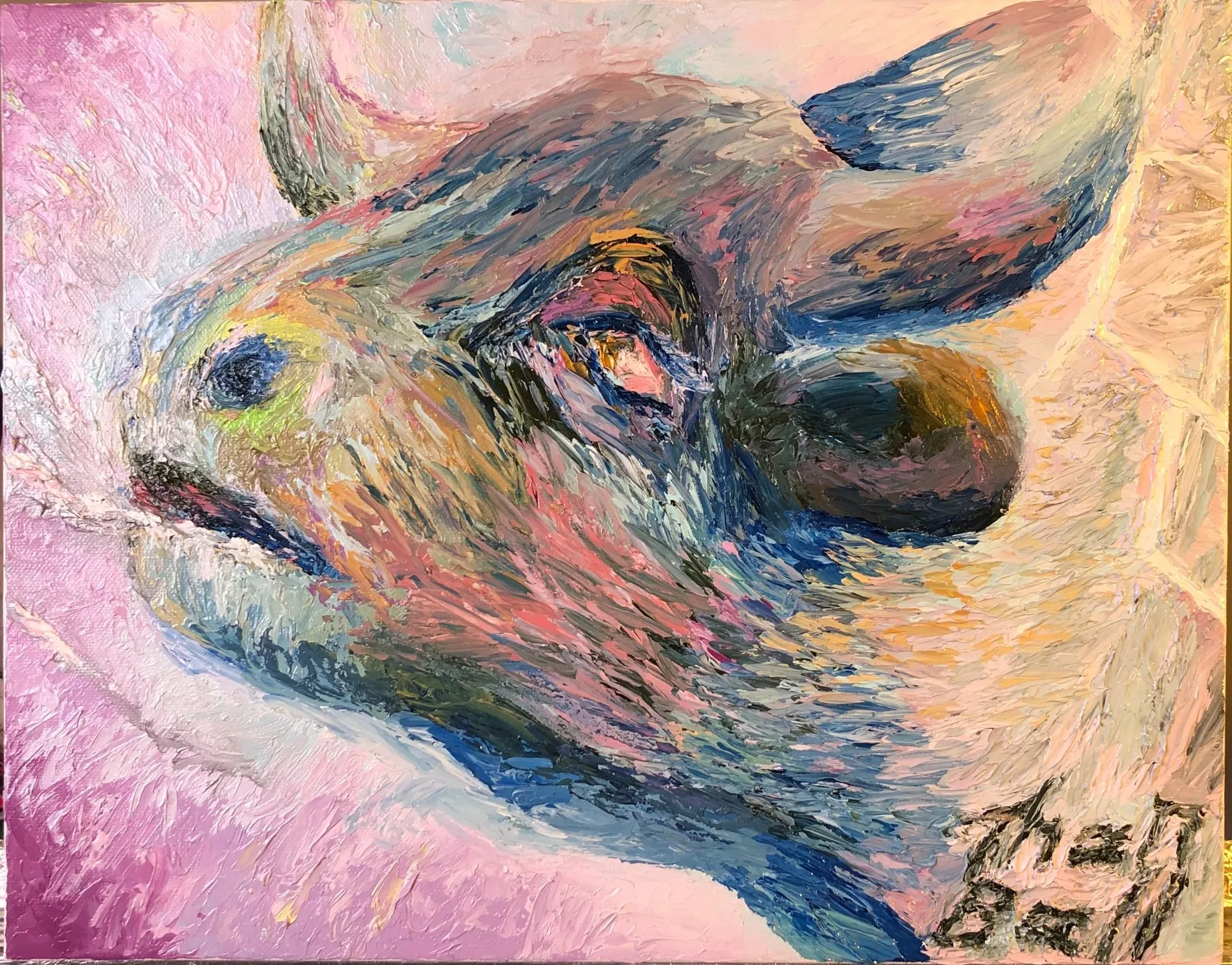 Thickly painted bull's head in pink, blue and orange