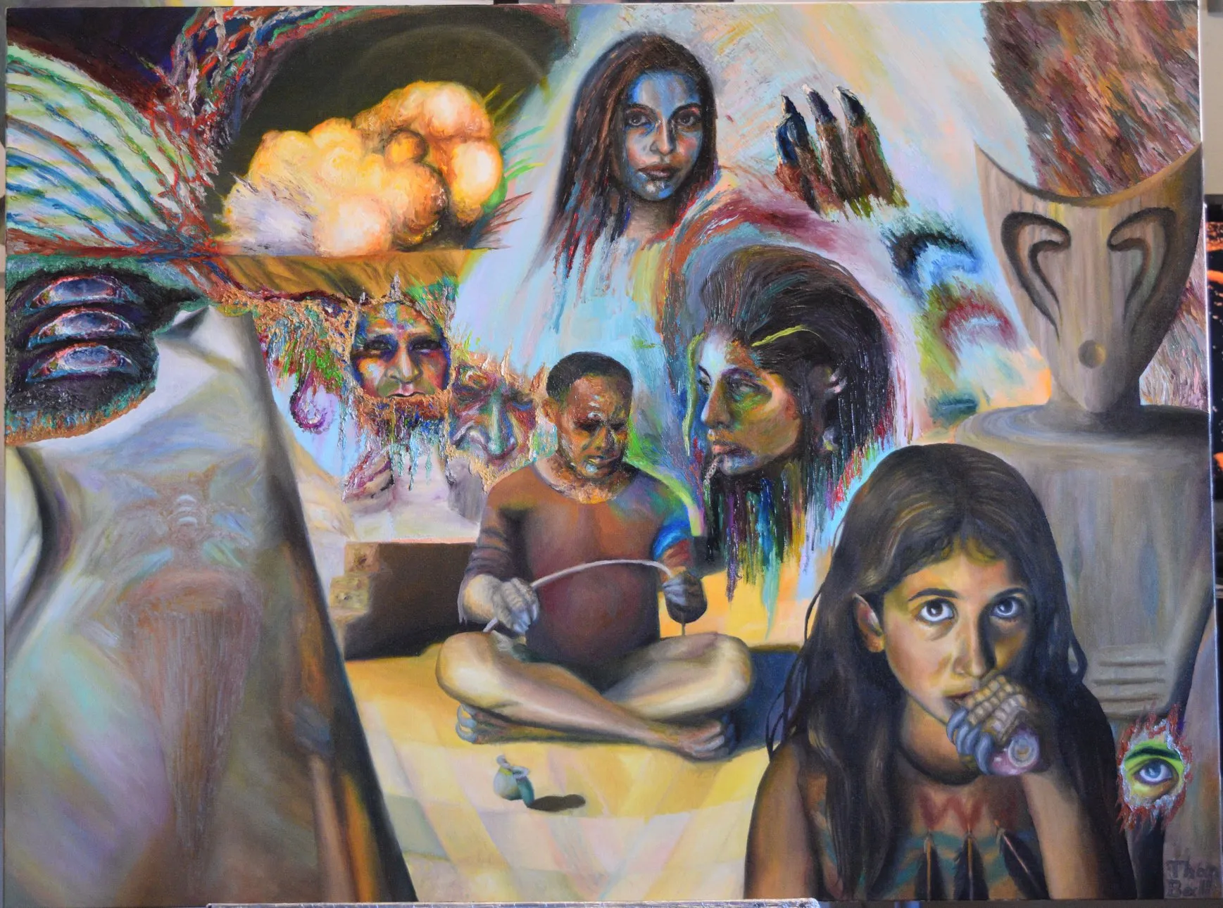 Crowded dreamlike scene of many figures, with a seated man at a laptop and a girl drinking in the foreground
