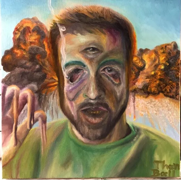 Portrait of a bearded man with a third eye in the center of his forehead and explosions behind him