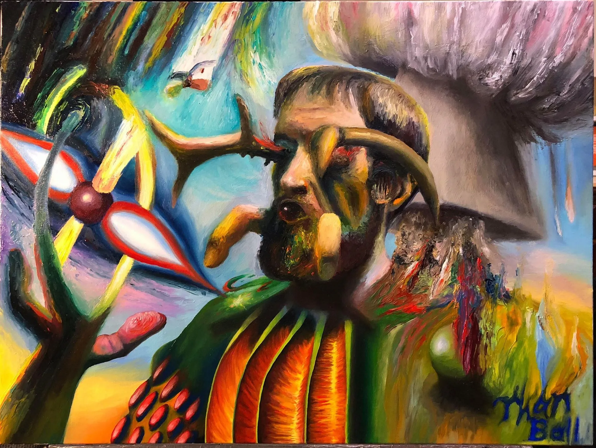 Surreal bearded figure in a mushroom-shaped hat beside a red-and-white pinwheel, in saturated color
