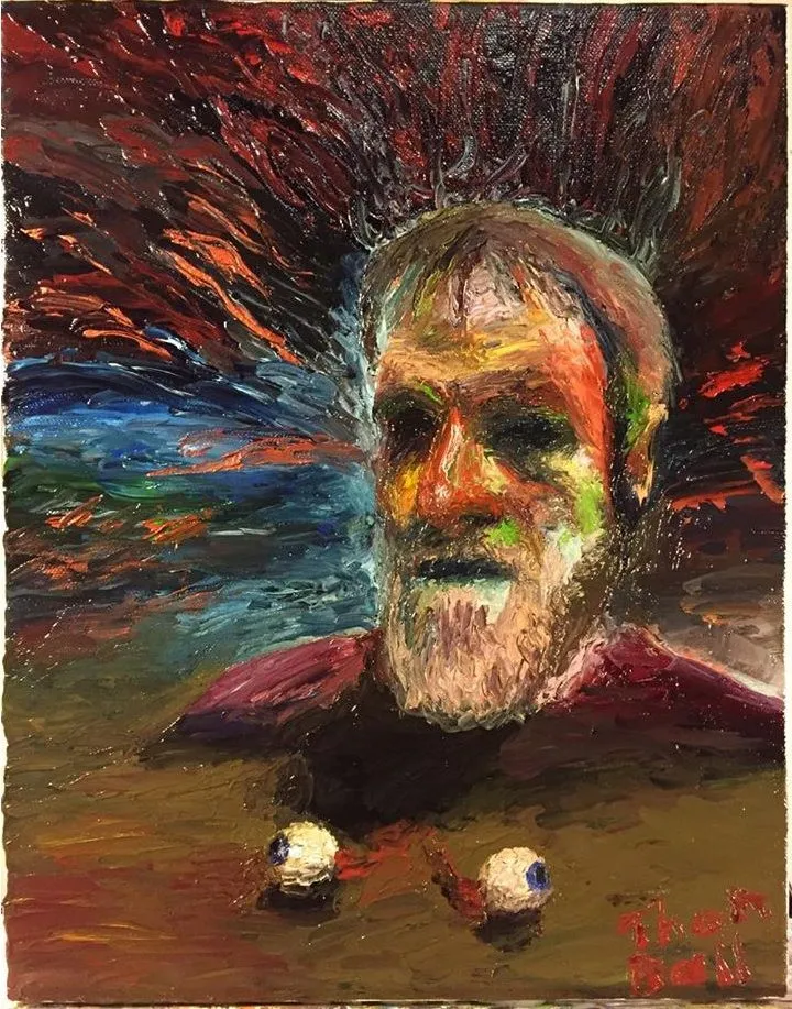 Bearded man's head with fiery colors radiating behind it and two eyeballs in the foreground
