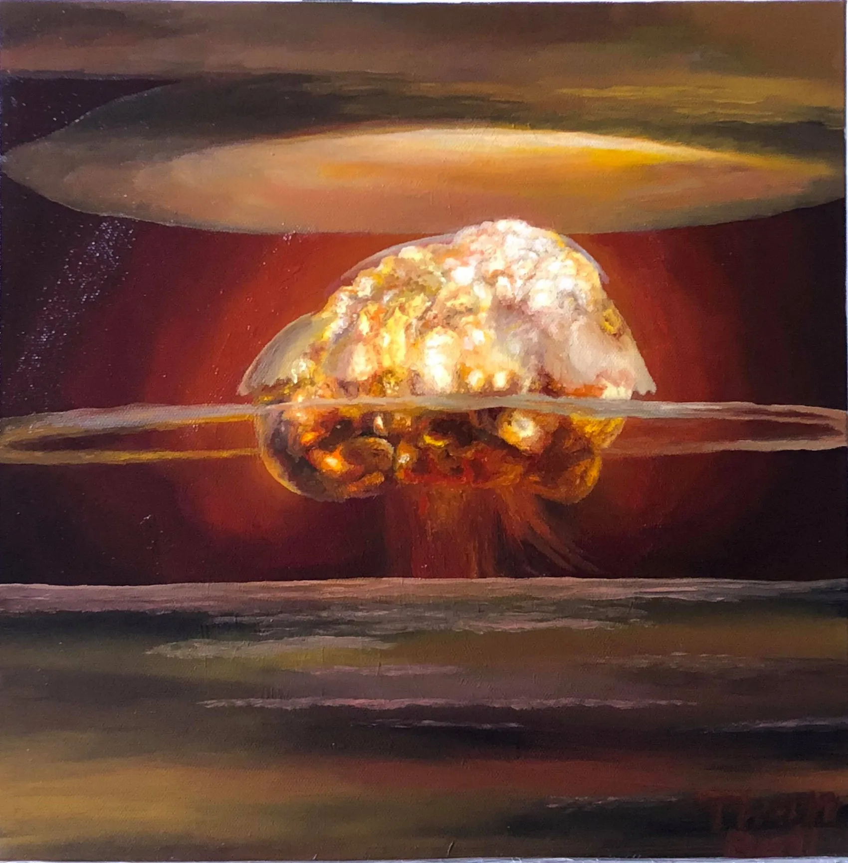 Glowing mushroom-cloud explosion under a red-brown sky