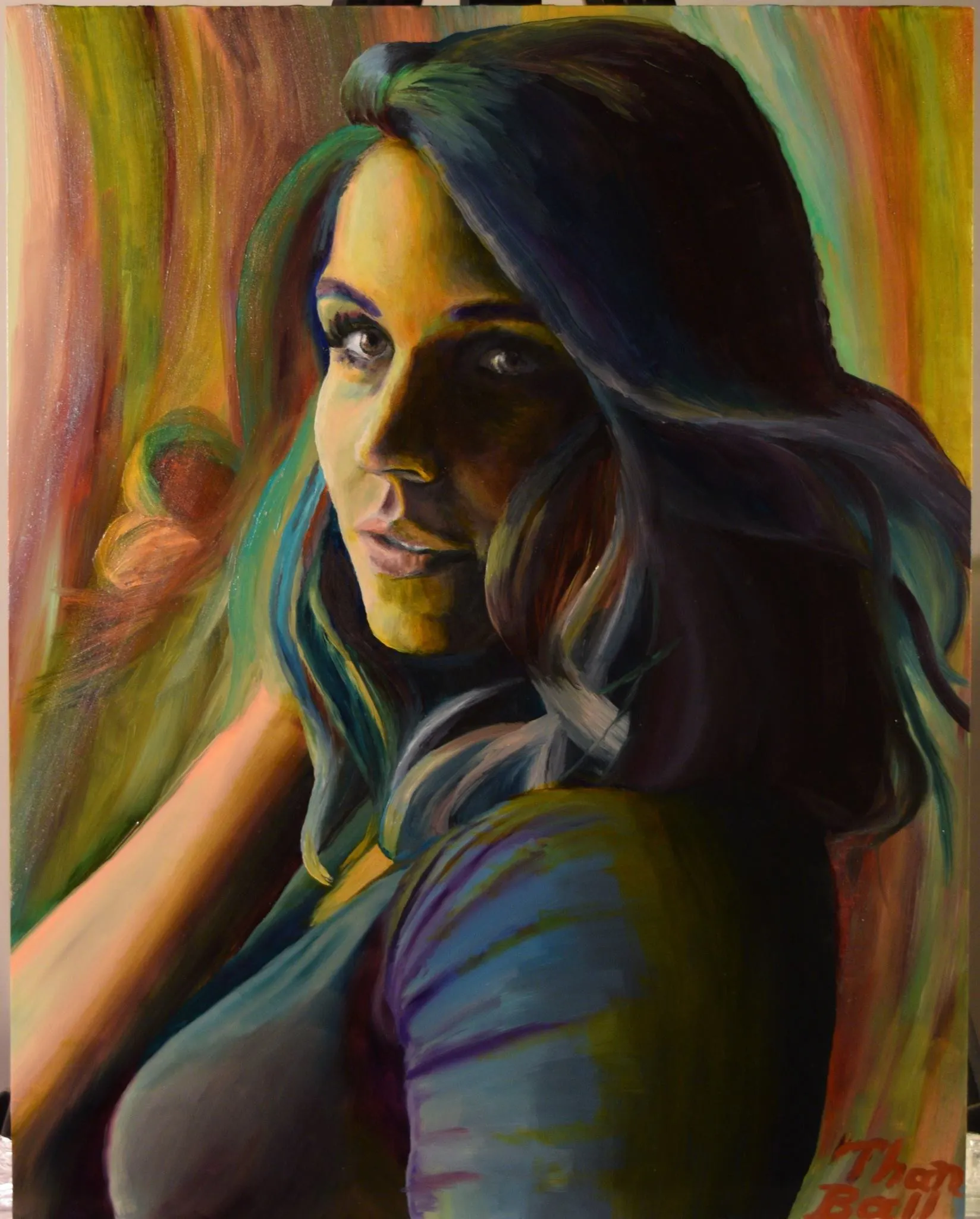 Woman with long dark hair glancing back over her shoulder, in green, blue and orange tones