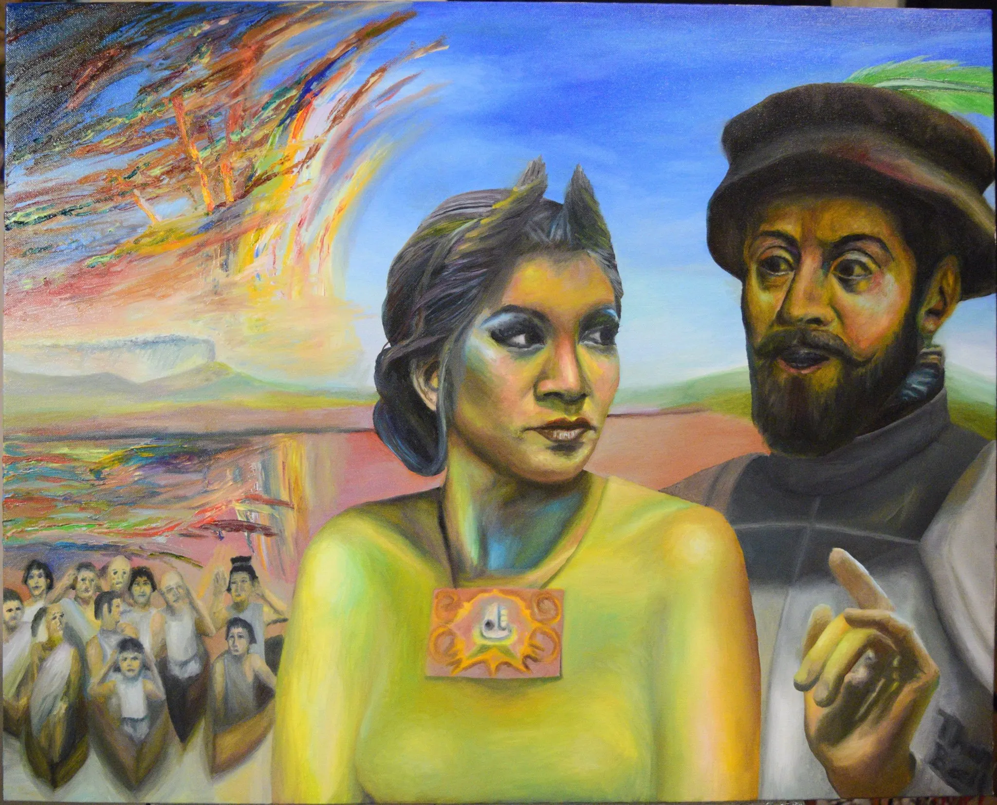 Woman with a red pendant and a bearded man in a landscape, with a crowd of people behind them