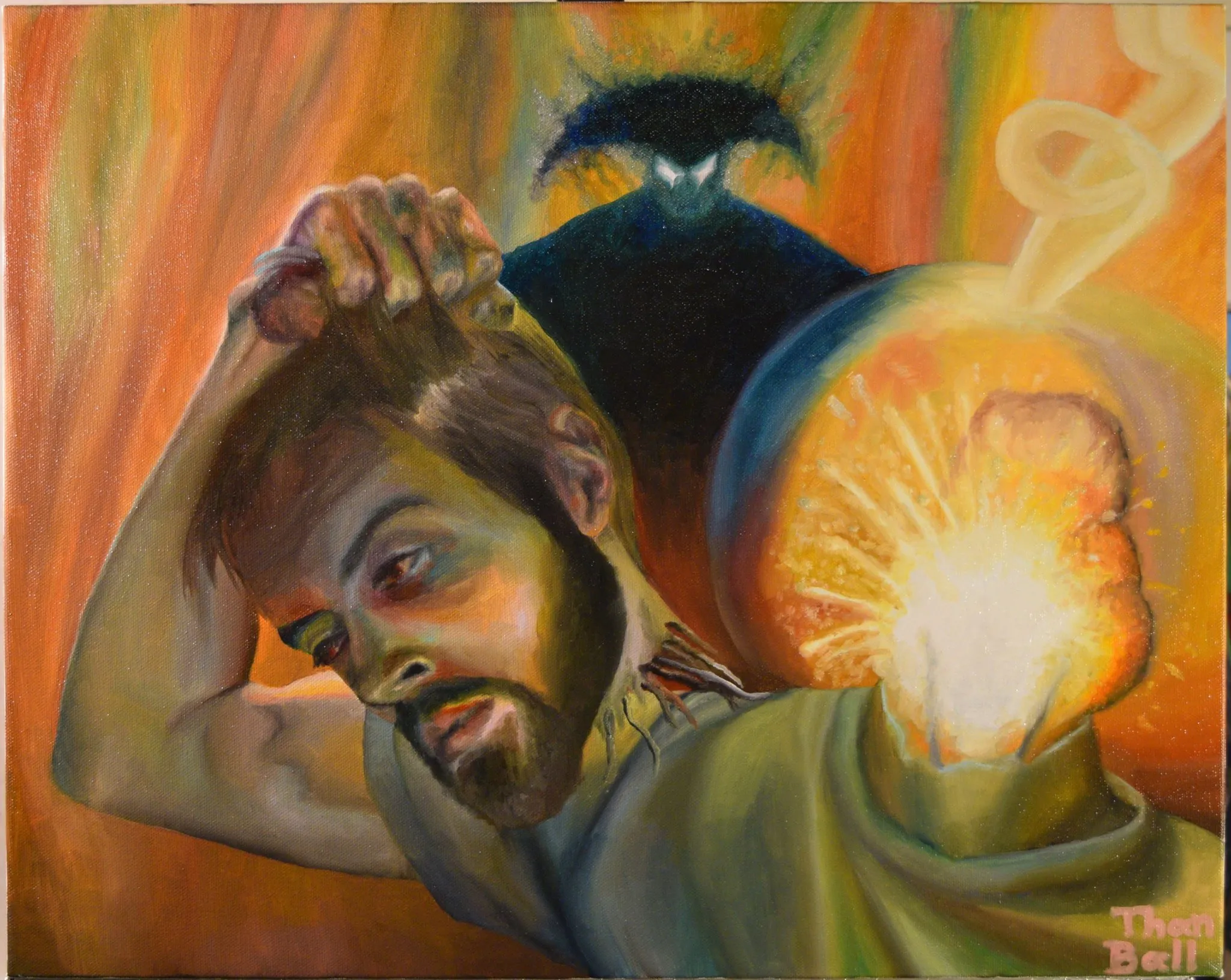 Bearded man clutching his head, with a glowing orb and a dark winged creature behind him