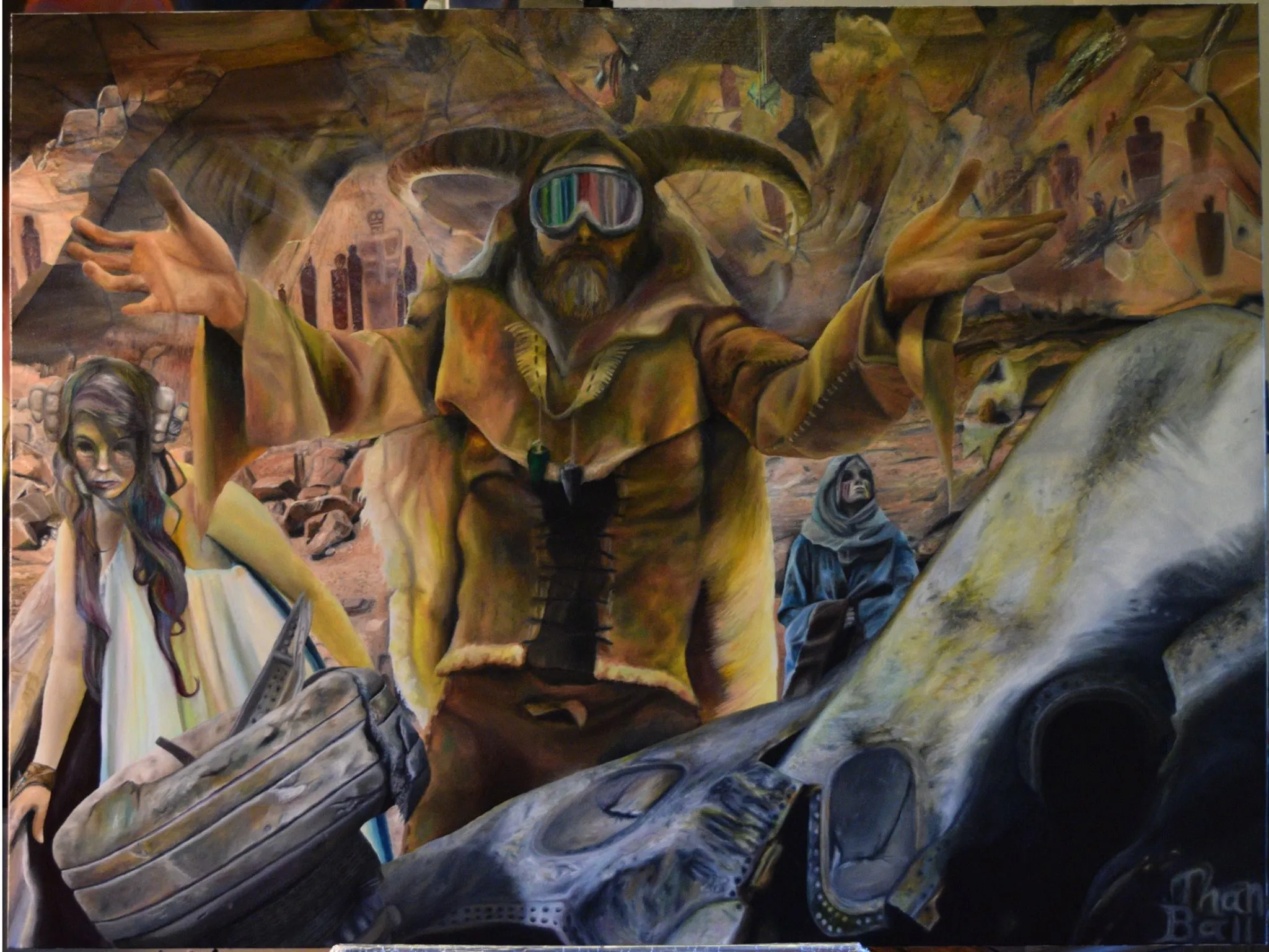 Goggled, horned figure gesturing in a crowded, ruined scene of people and rock
